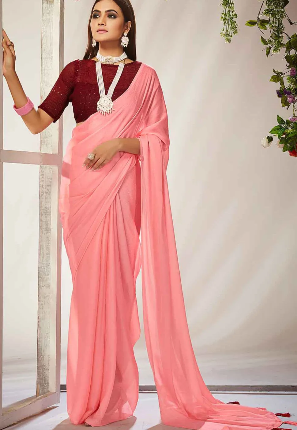 Solid Color Chiffon Saree in Pink
