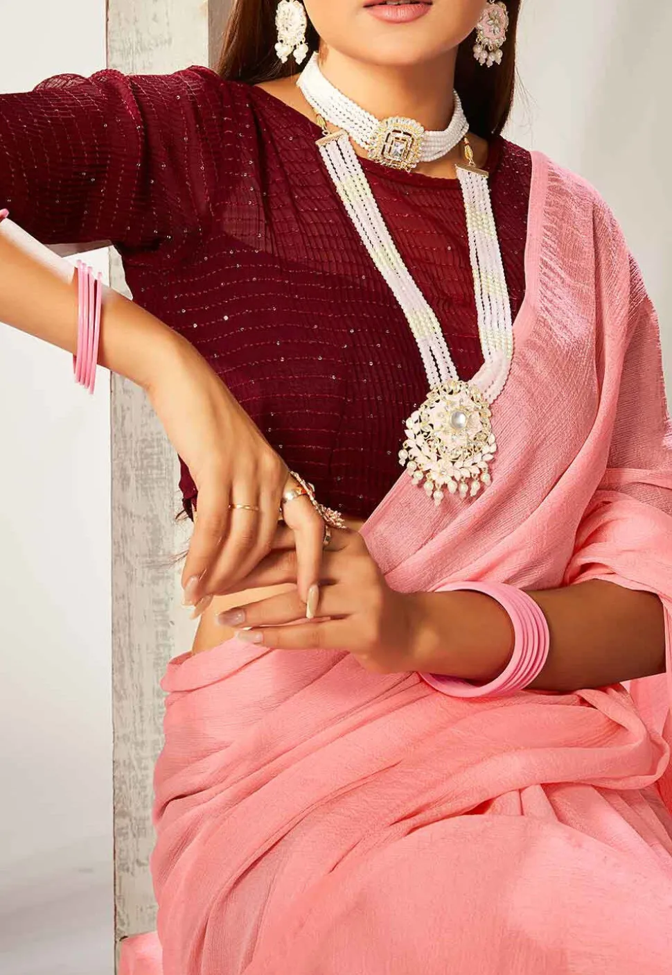 Solid Color Chiffon Saree in Pink