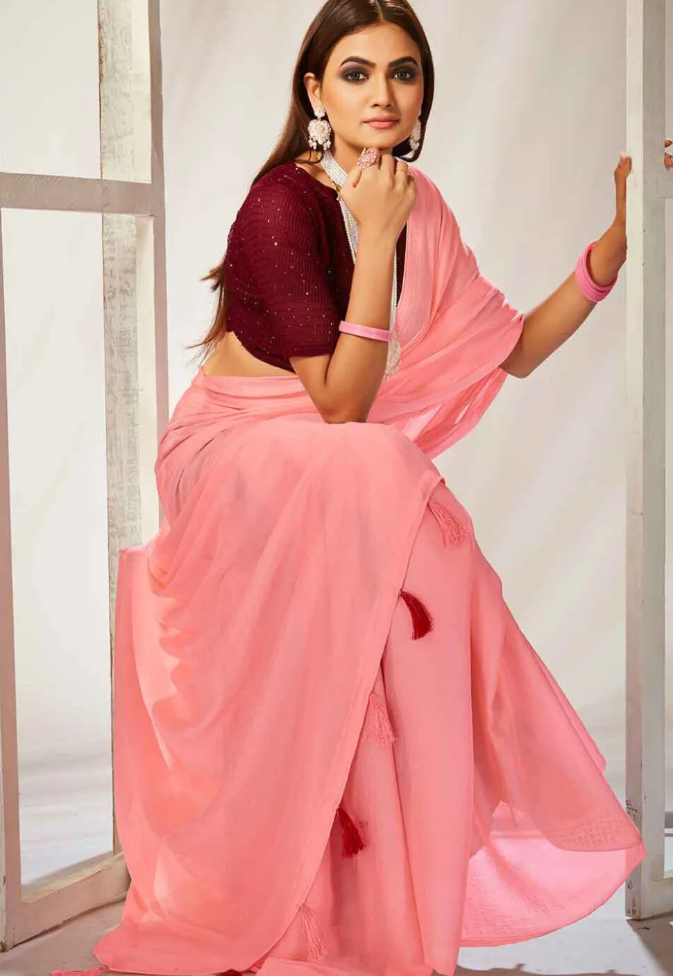 Solid Color Chiffon Saree in Pink