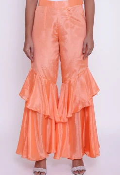 Solid Color Chinon Crepe Layered Ruffled Palazzo in Peach