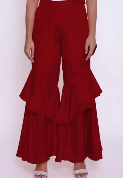 Solid Color Chinon Crepe Layered Ruffled Palazzo in Red