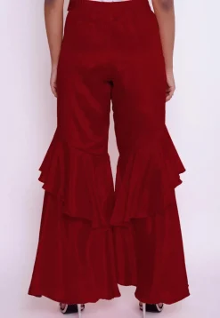 Solid Color Chinon Crepe Layered Ruffled Palazzo in Red