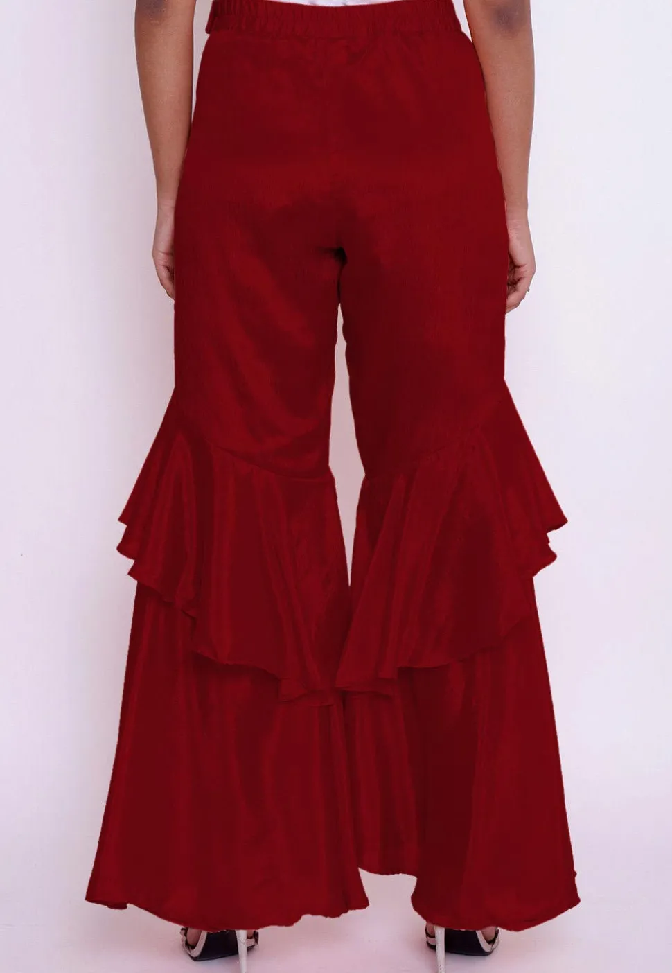Solid Color Chinon Crepe Layered Ruffled Palazzo in Red