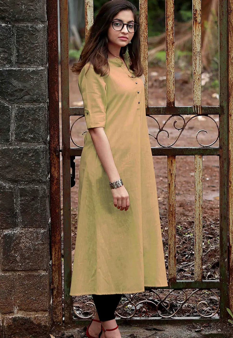 Solid Color Cotton A Line Kurta in Beige