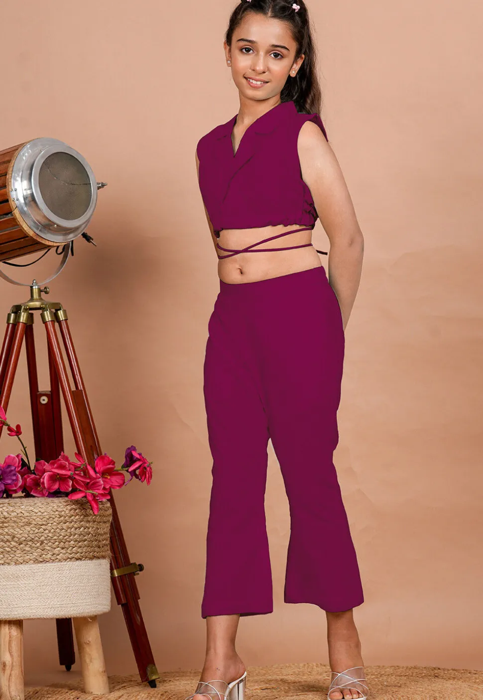 Solid Color Cotton Adjustable Dori Crop Top Set in Fuchsia