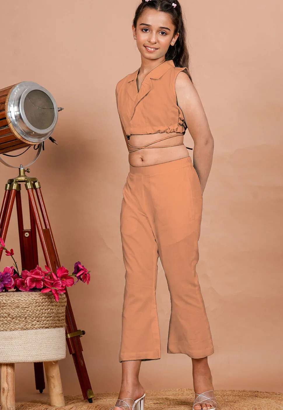 Solid Color Cotton Adjustable Dori Crop Top Set in Peach