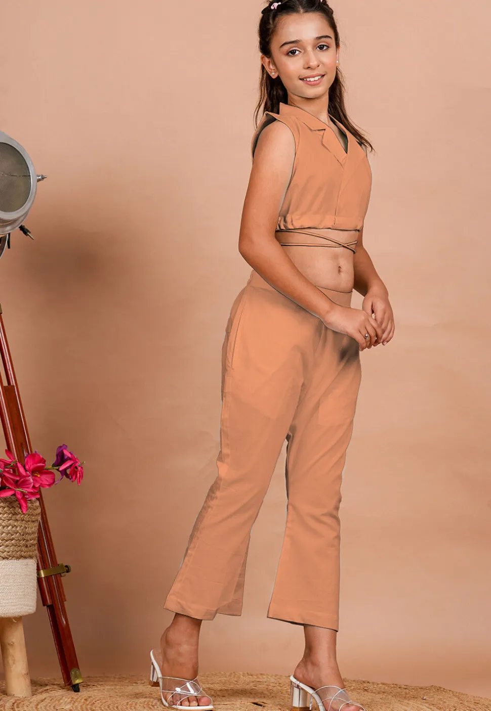 Solid Color Cotton Adjustable Dori Crop Top Set in Peach