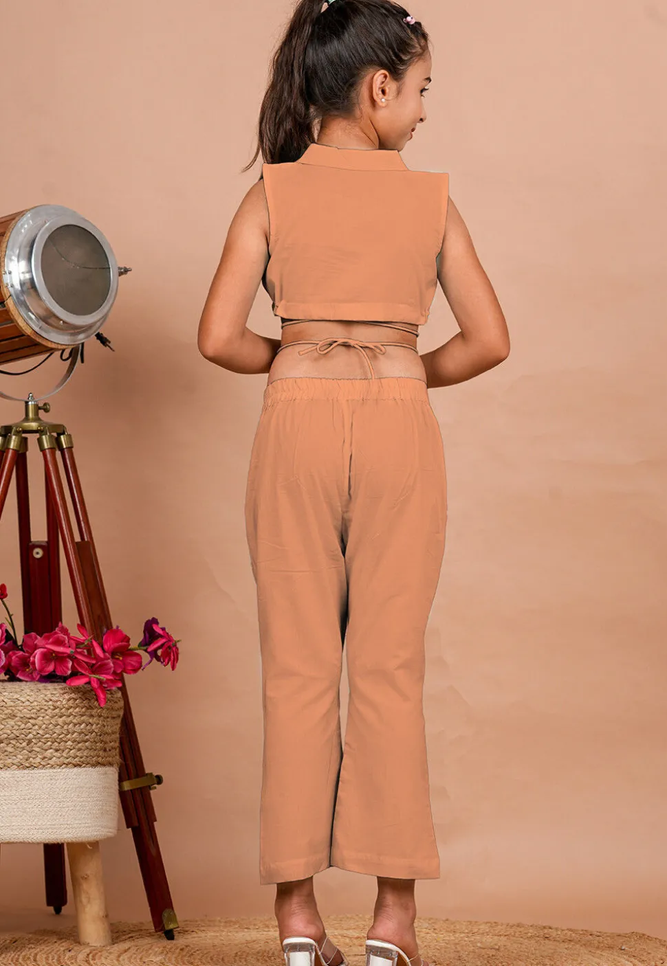 Solid Color Cotton Adjustable Dori Crop Top Set in Peach