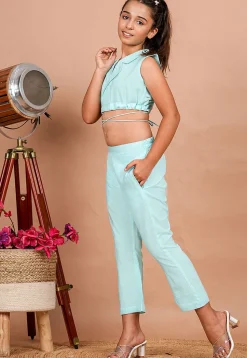 Solid Color Cotton Adjustable Tie Up Crop Top in Light Blue