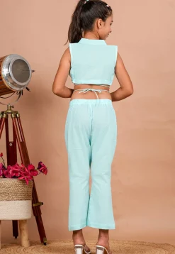 Solid Color Cotton Adjustable Tie Up Crop Top in Light Blue