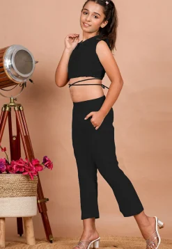 Solid Color Cotton Adjustable Dori Crop Top Set in Black