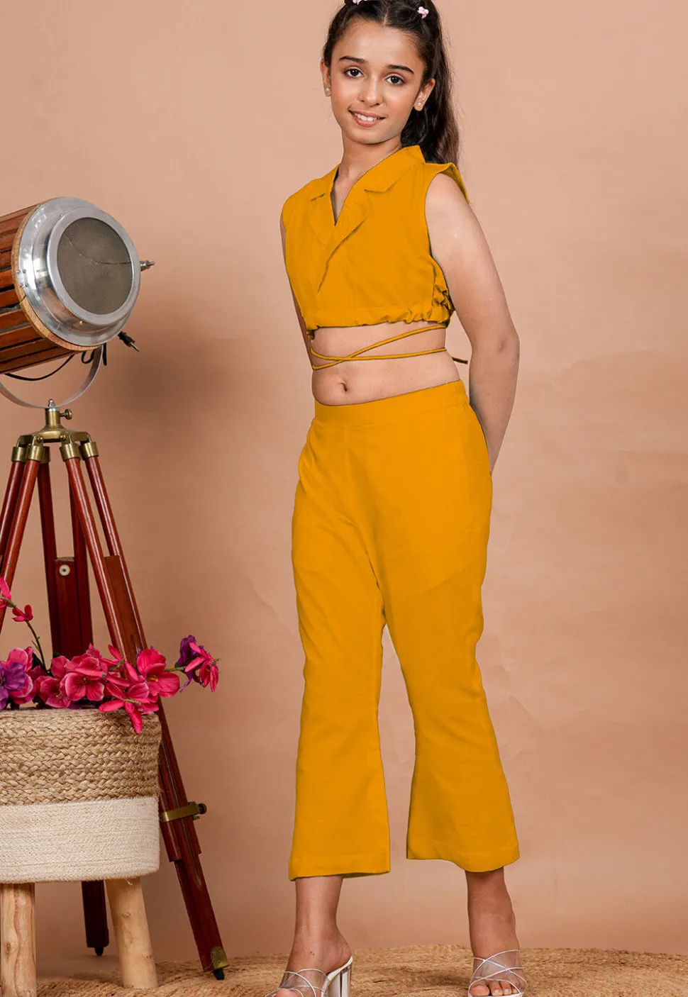 Solid Color Cotton Adjustable Dori Crop Top Set in Mustard