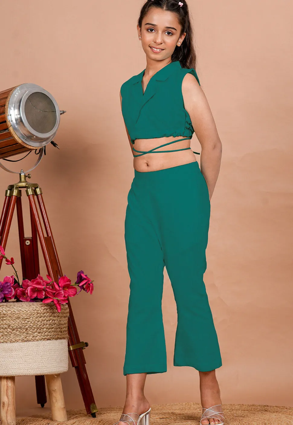 Solid Color Cotton Adjustable Dori Crop Top Set in Teal Green