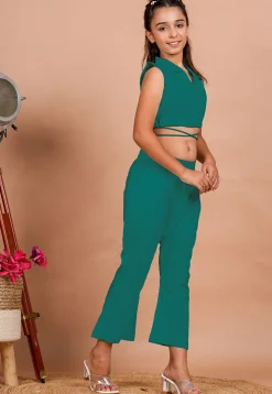 Solid Color Cotton Adjustable Dori Crop Top Set in Teal Green