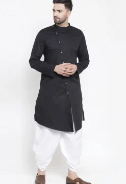 Solid Color Cotton Asymmetric Dhoti Kurta in Black