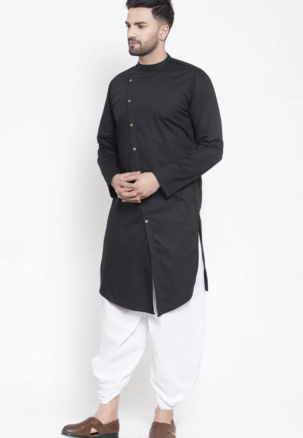 Solid Color Cotton Asymmetric Dhoti Kurta in Black