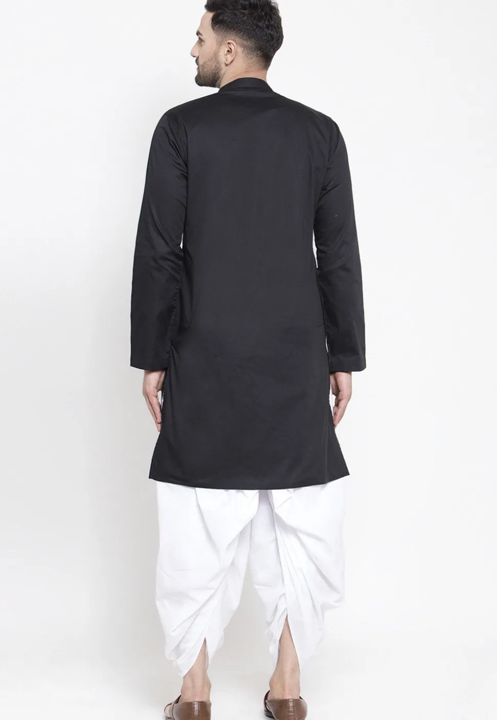 Solid Color Cotton Asymmetric Dhoti Kurta in Black