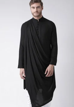 Solid Color Cotton Asymmetric Cowl Style Kurta in Black