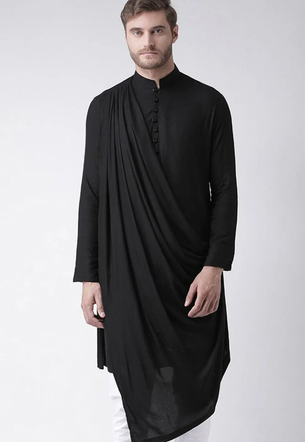 Solid Color Cotton Asymmetric Cowl Style Kurta in Black