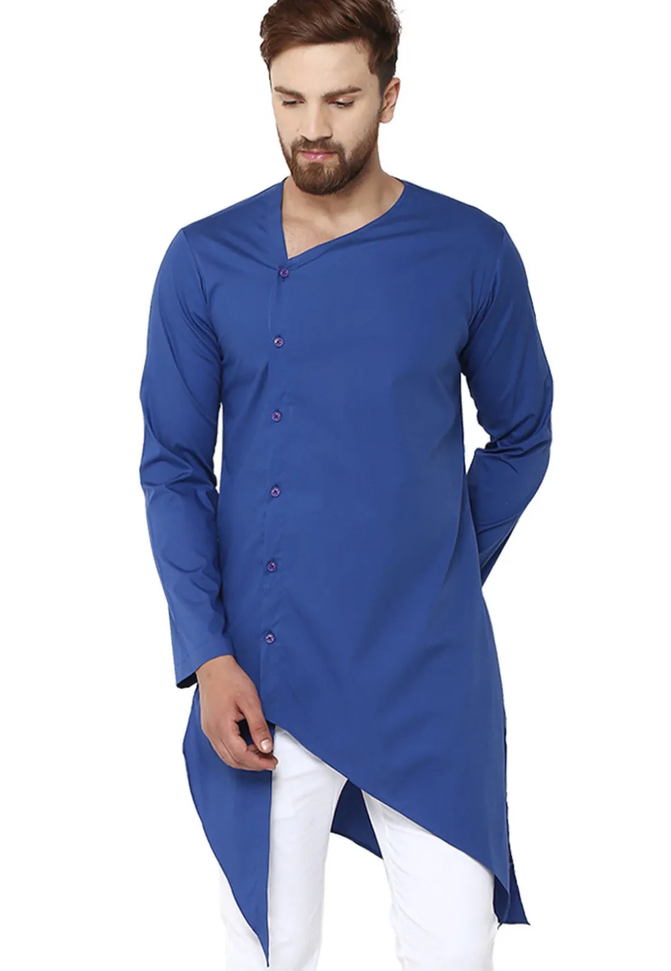 Solid Color Cotton Asymmetric Kurta in Dark Blue
