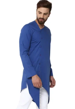 Solid Color Cotton Asymmetric Kurta in Dark Blue