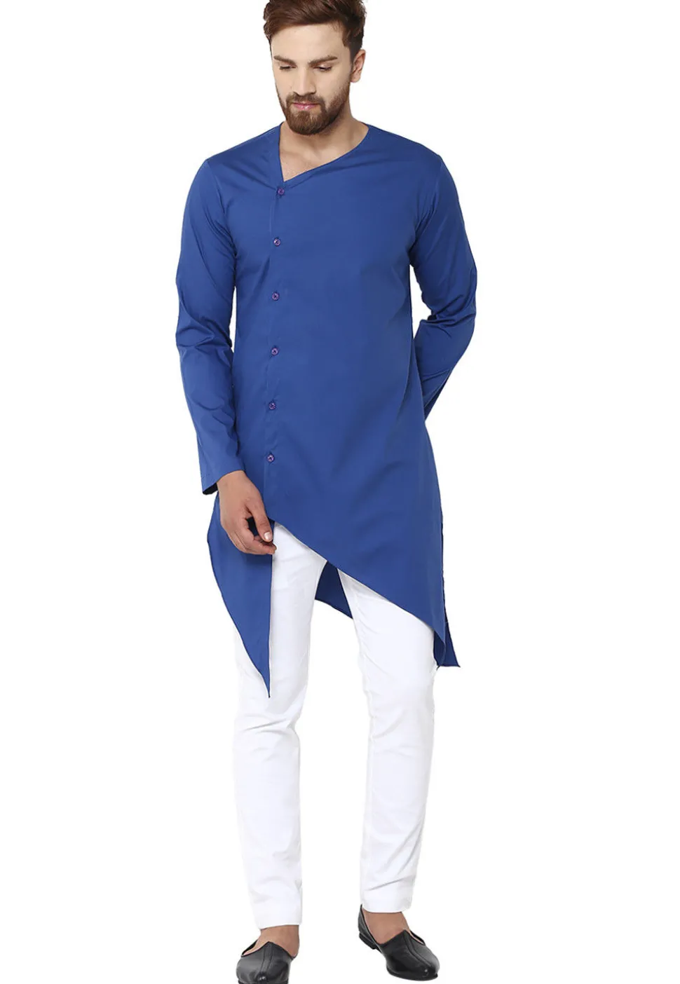 Solid Color Cotton Asymmetric Kurta in Dark Blue
