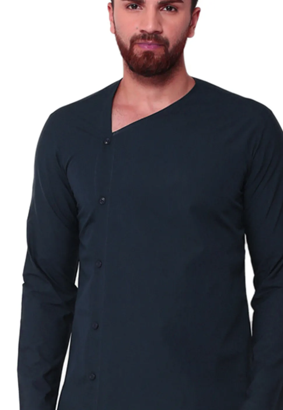 Solid Color Cotton Asymmetric Kurta in Navy Blue