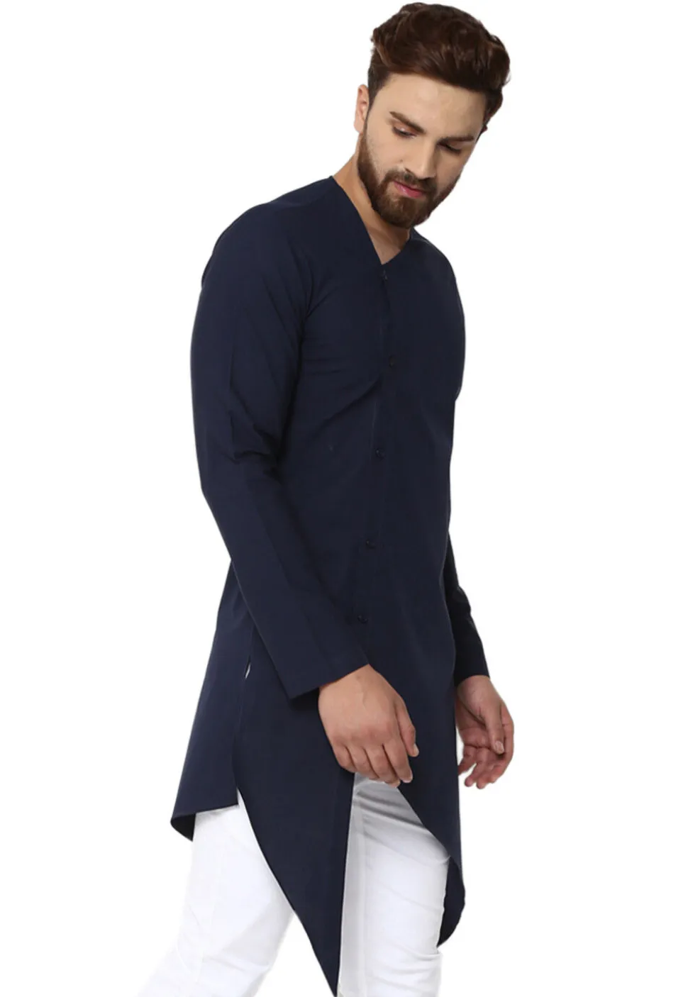 Solid Color Cotton Asymmetric Kurta in Navy Blue