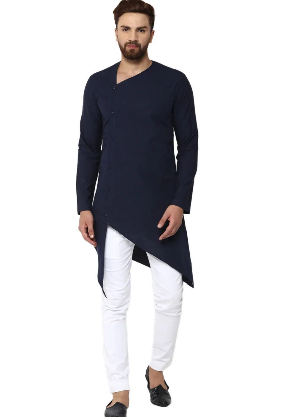Solid Color Cotton Asymmetric Kurta in Navy Blue