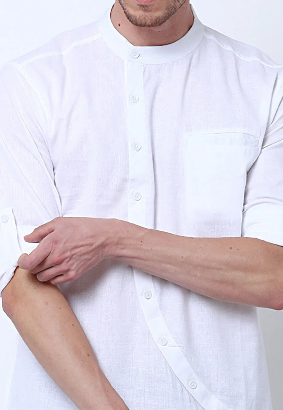 Solid Color Cotton Asymmetric Short Kurta in White