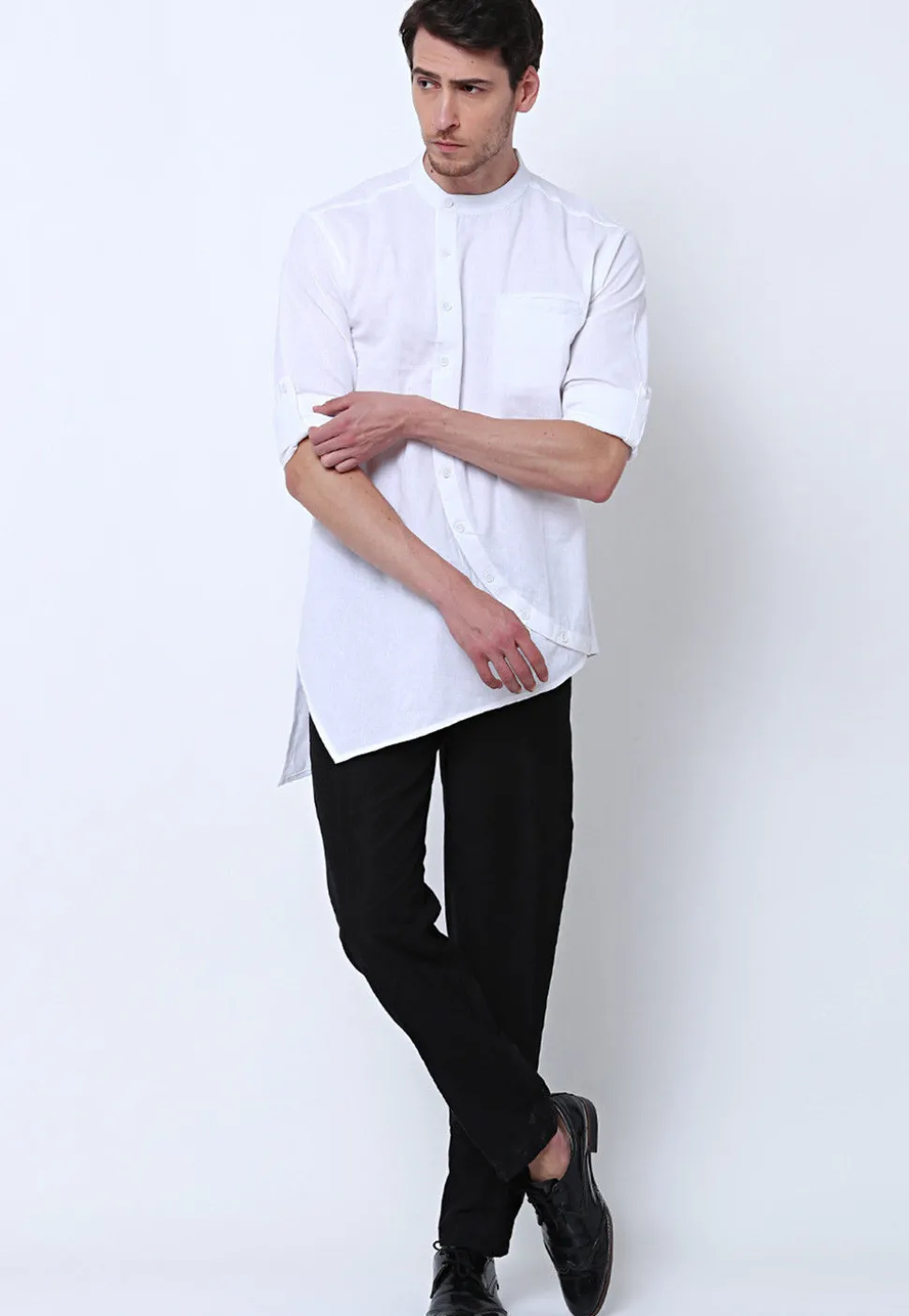 Solid Color Cotton Asymmetric Short Kurta in White