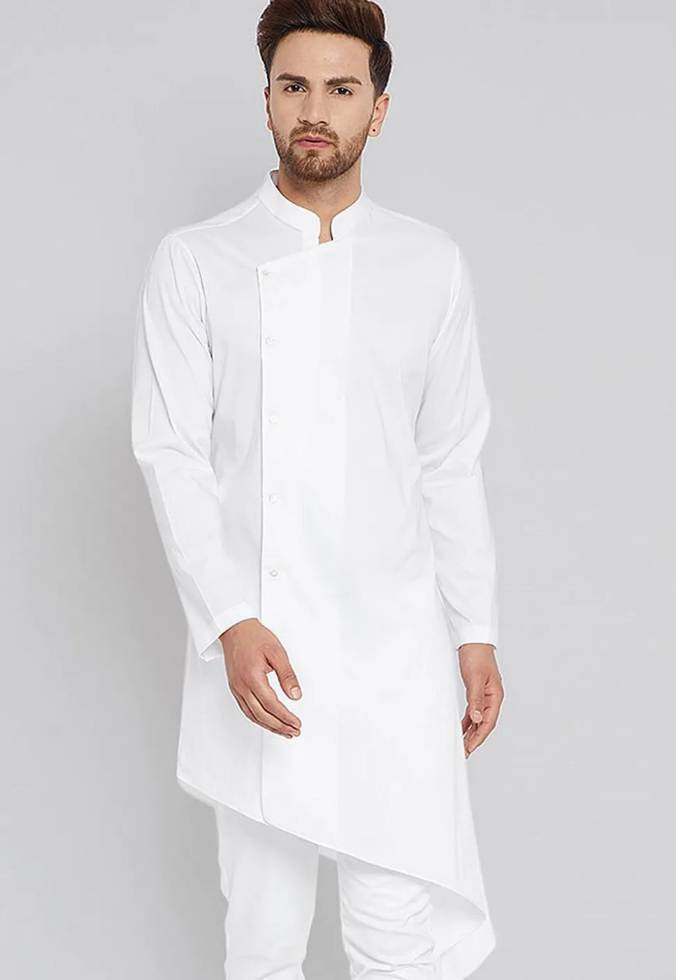 Solid Color Cotton Asymmetric Kurta in White