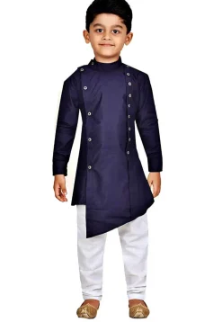 Solid Color Cotton Asymmetric Kurta Set in Navy Blue