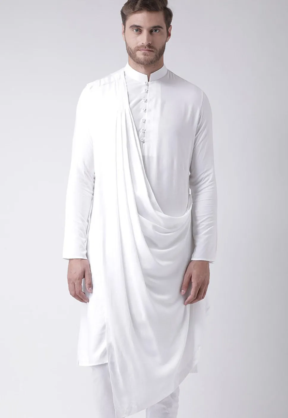 Solid Color Cotton Asymmetric Cowl Style Kurta in White