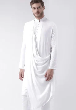 Solid Color Cotton Asymmetric Cowl Style Kurta in White