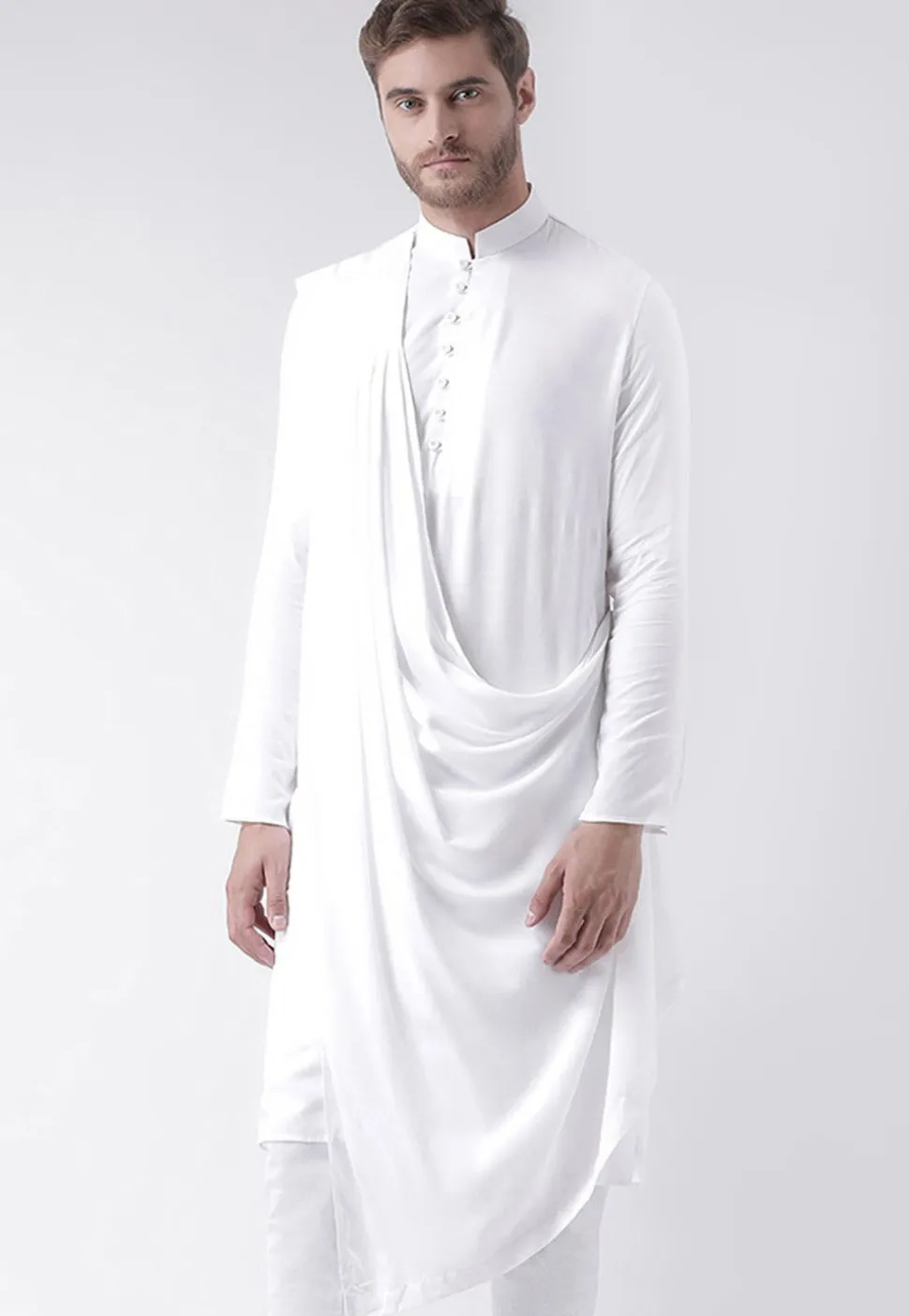 Solid Color Cotton Asymmetric Cowl Style Kurta in White