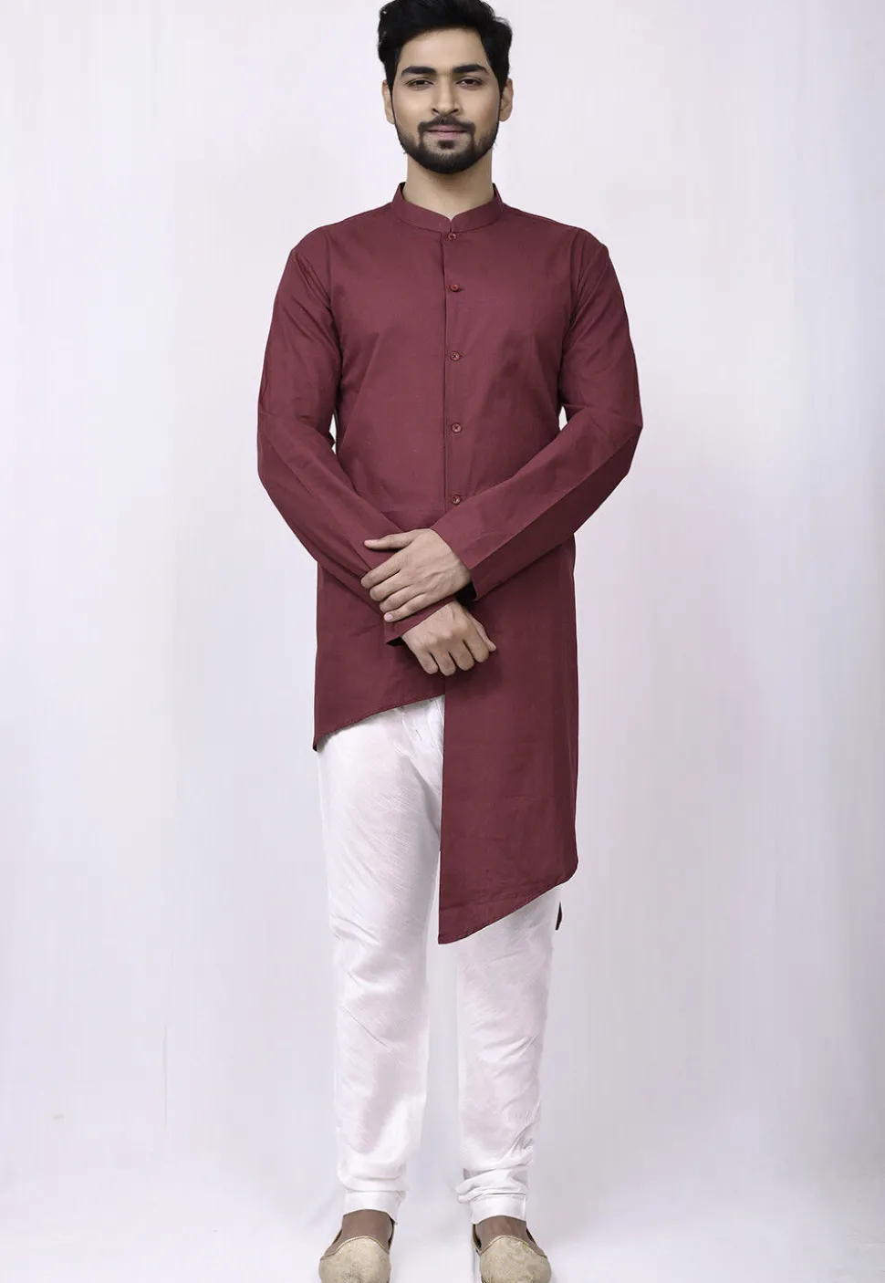 Solid Color Cotton Asymmetric Kurta in Maroon