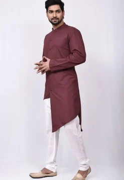 Solid Color Cotton Asymmetric Kurta in Maroon