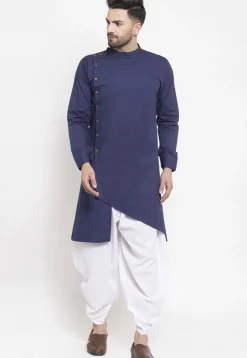 Solid Color Cotton Asymmetric Dhoti Kurta in Navy Blue