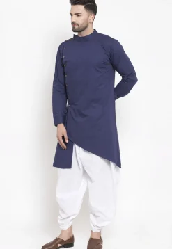 Solid Color Cotton Asymmetric Dhoti Kurta in Navy Blue