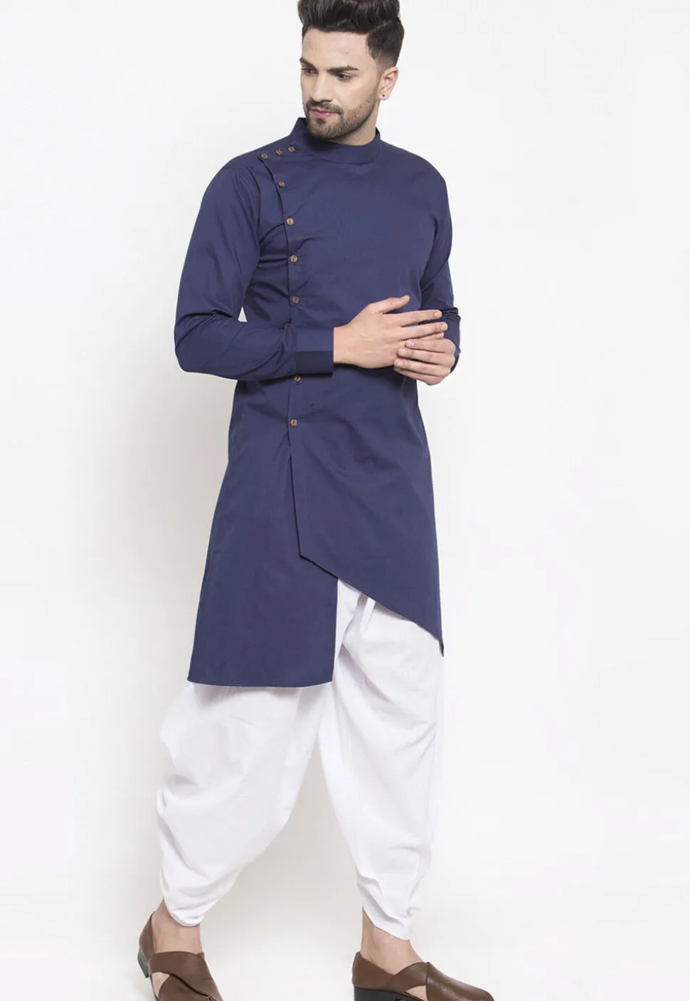 Solid Color Cotton Asymmetric Dhoti Kurta in Navy Blue