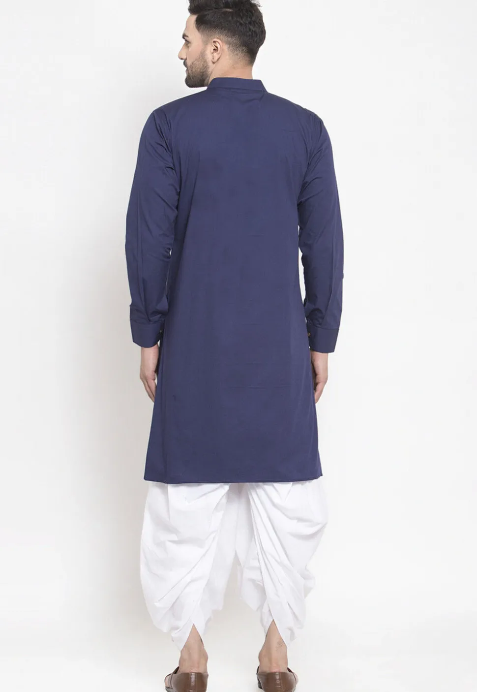 Solid Color Cotton Asymmetric Dhoti Kurta in Navy Blue