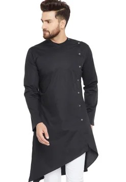 Solid Color Cotton Asymmetric Kurta in Black