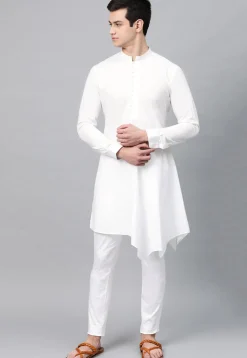 Solid Color Cotton Asymmetric Kurta Set in White