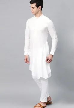 Solid Color Cotton Asymmetric Kurta Set in White