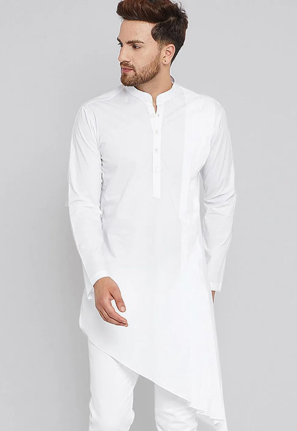 Solid Color Cotton Asymmetric Kurta in White