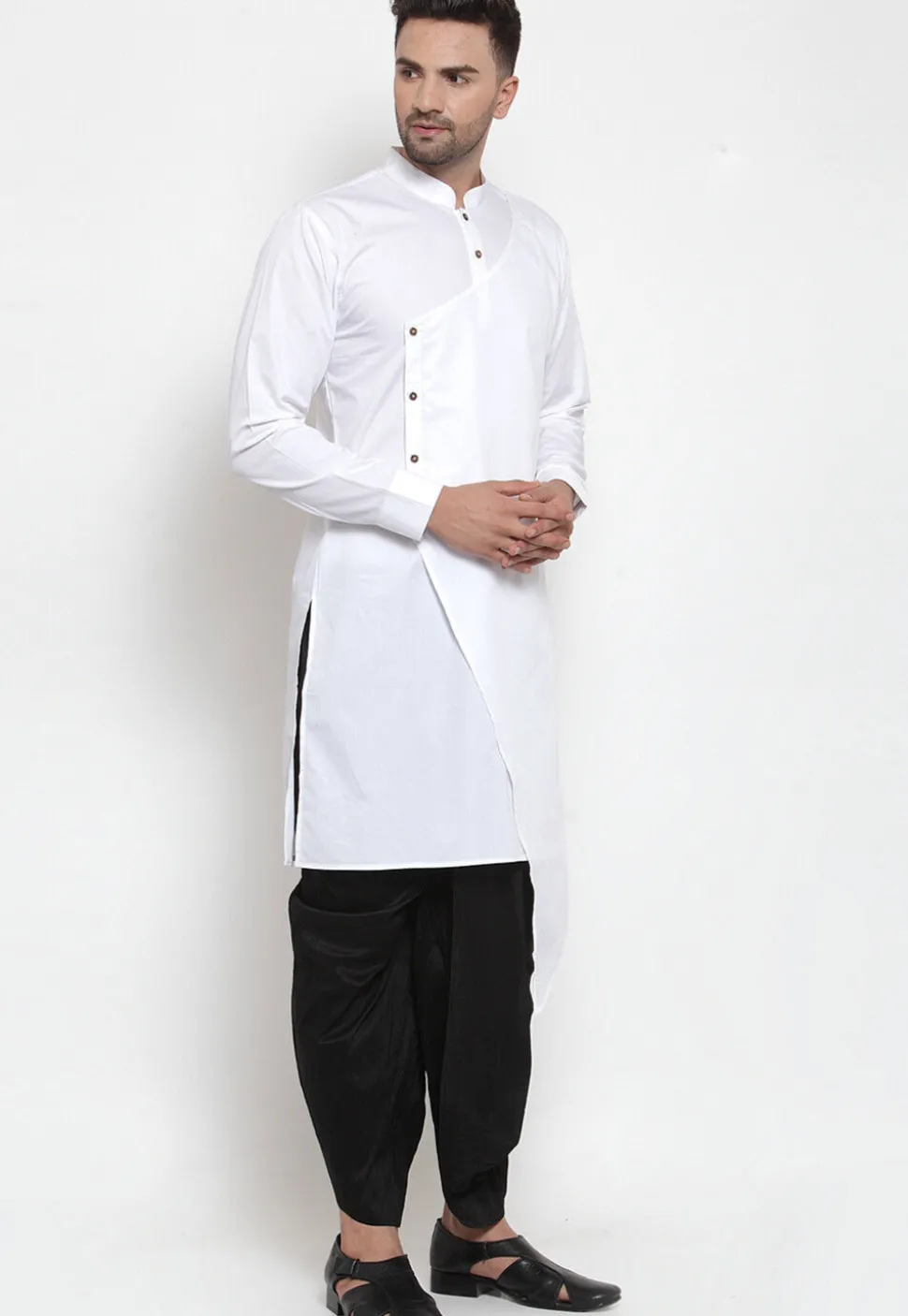 Solid Color Cotton Asymmetric Dhoti Kurta in White