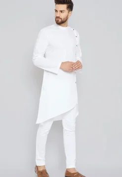 Solid Color Cotton Asymmetric Kurta Set in White
