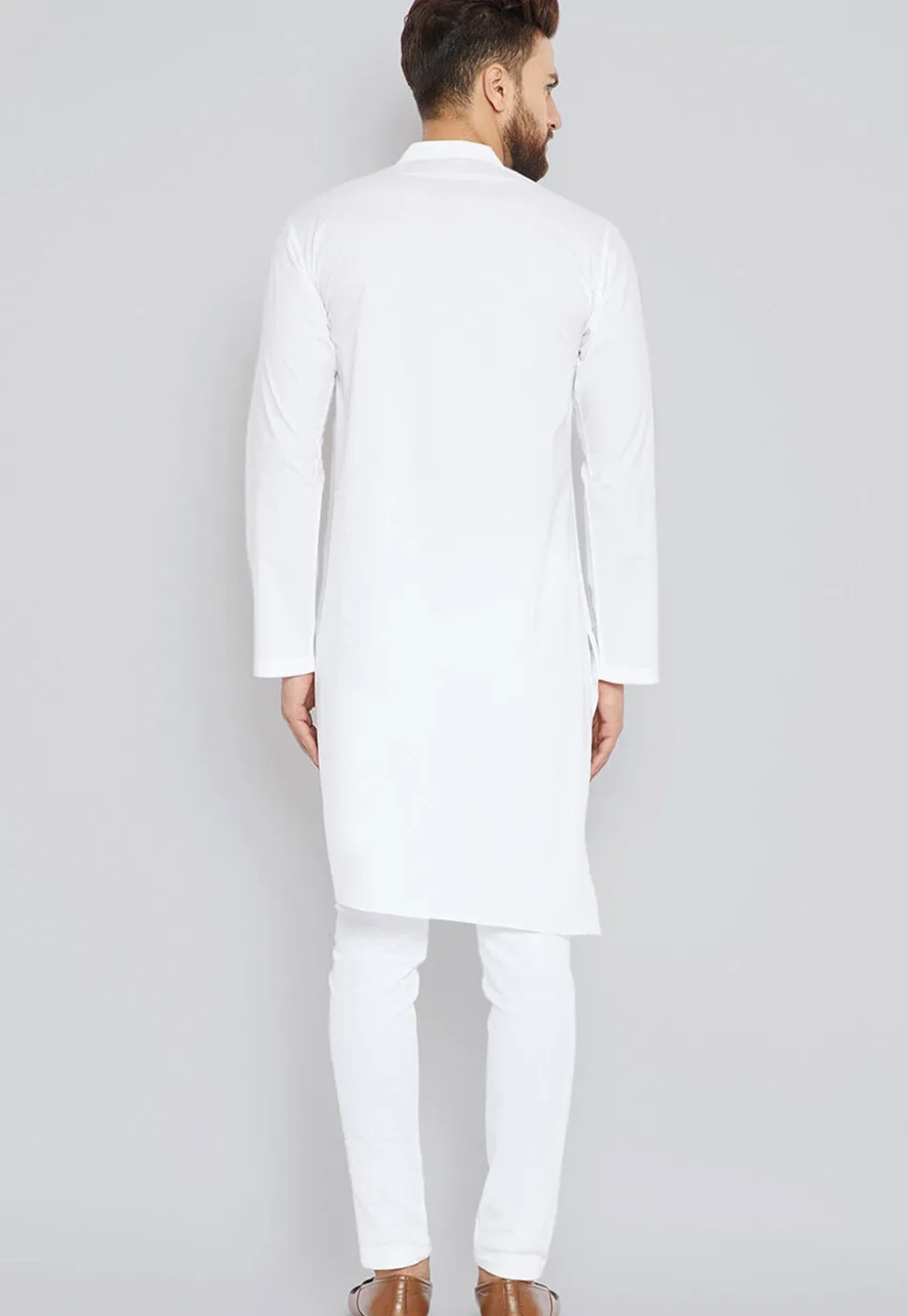 Solid Color Cotton Asymmetric Kurta Set in White
