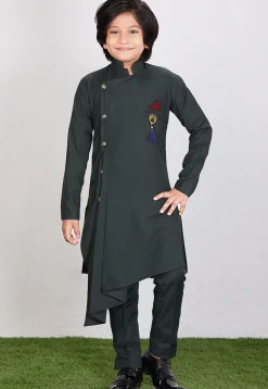 Solid Color Cotton Asymmetric Kurta Set in Dark Green